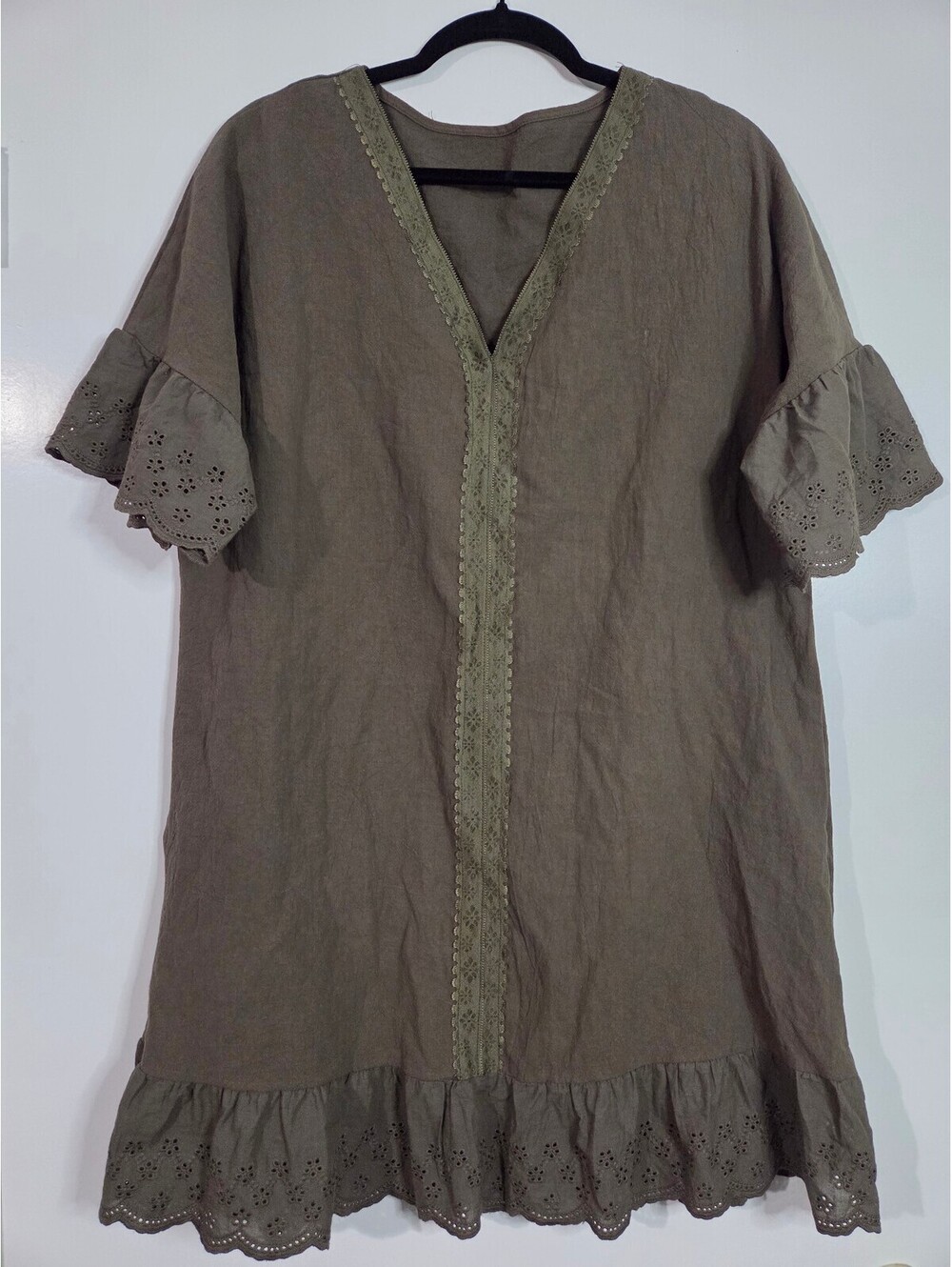 SHEIN Olive Green Eyelet Trim Linen Dress Size L